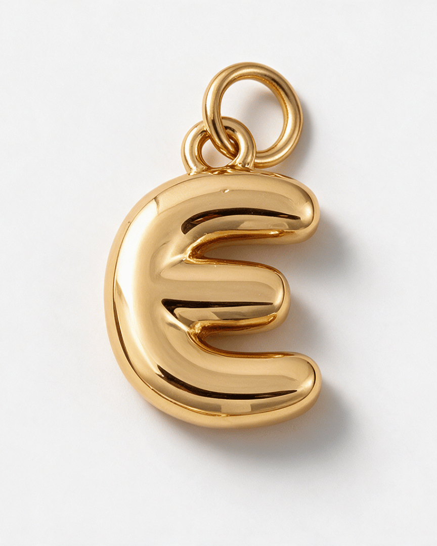 A polished gold pendant shaped like the Greek letter epsilon, featuring a smooth, reflective metallic finish and a top loop for attachment, shown on a clean white background.