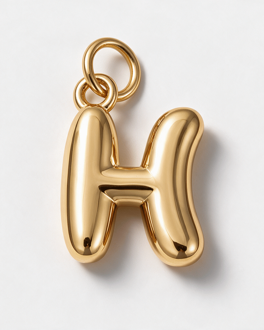 A polished gold letter 'H' pendant charm with a matching top loop, shown on a clean white background.