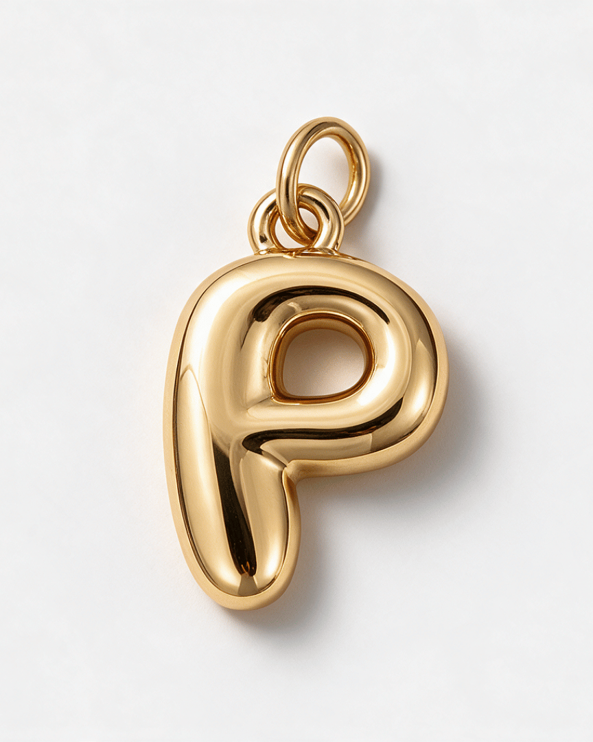 A polished gold letter 'P' pendant charm with a smooth, rounded, three-dimensional design and a top loop, shown on a clean white background.