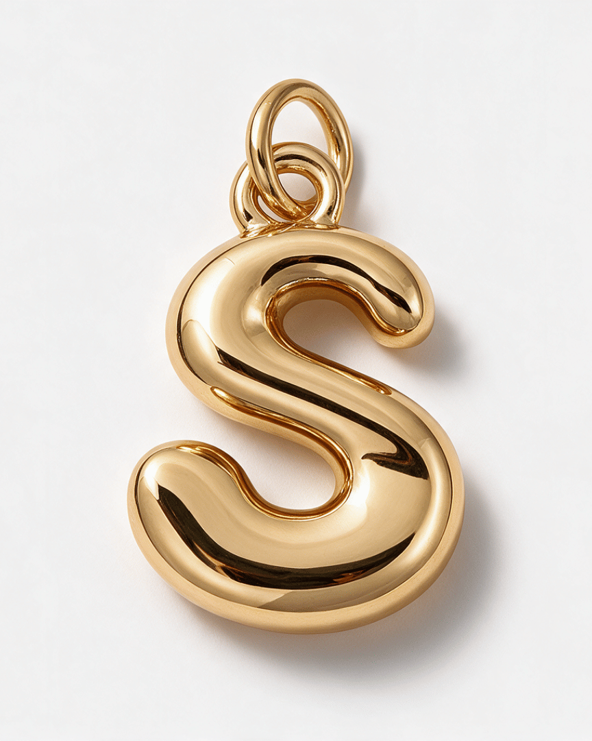 A polished gold letter 'S' pendant charm with a smooth, reflective finish and a top bail, shown on a clean white background.