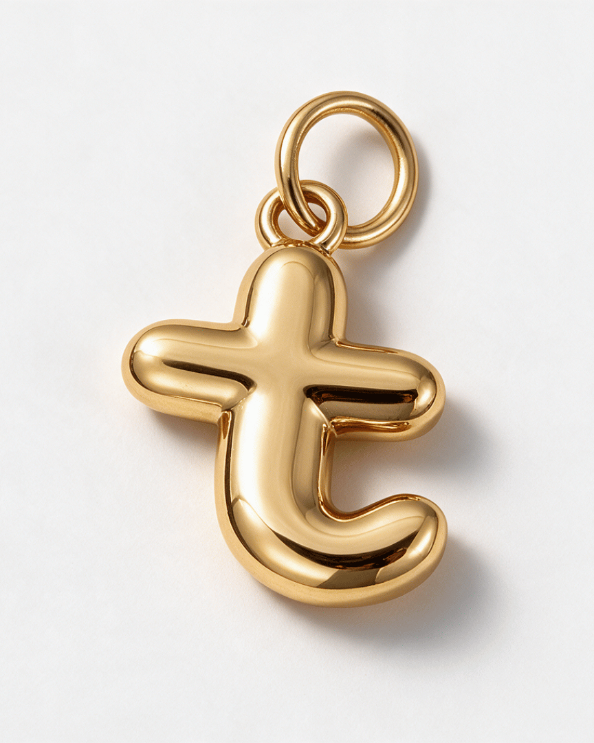 A polished gold pendant shaped like the letter 't' with a small hanging loop at the top, photographed on a clean white background.
