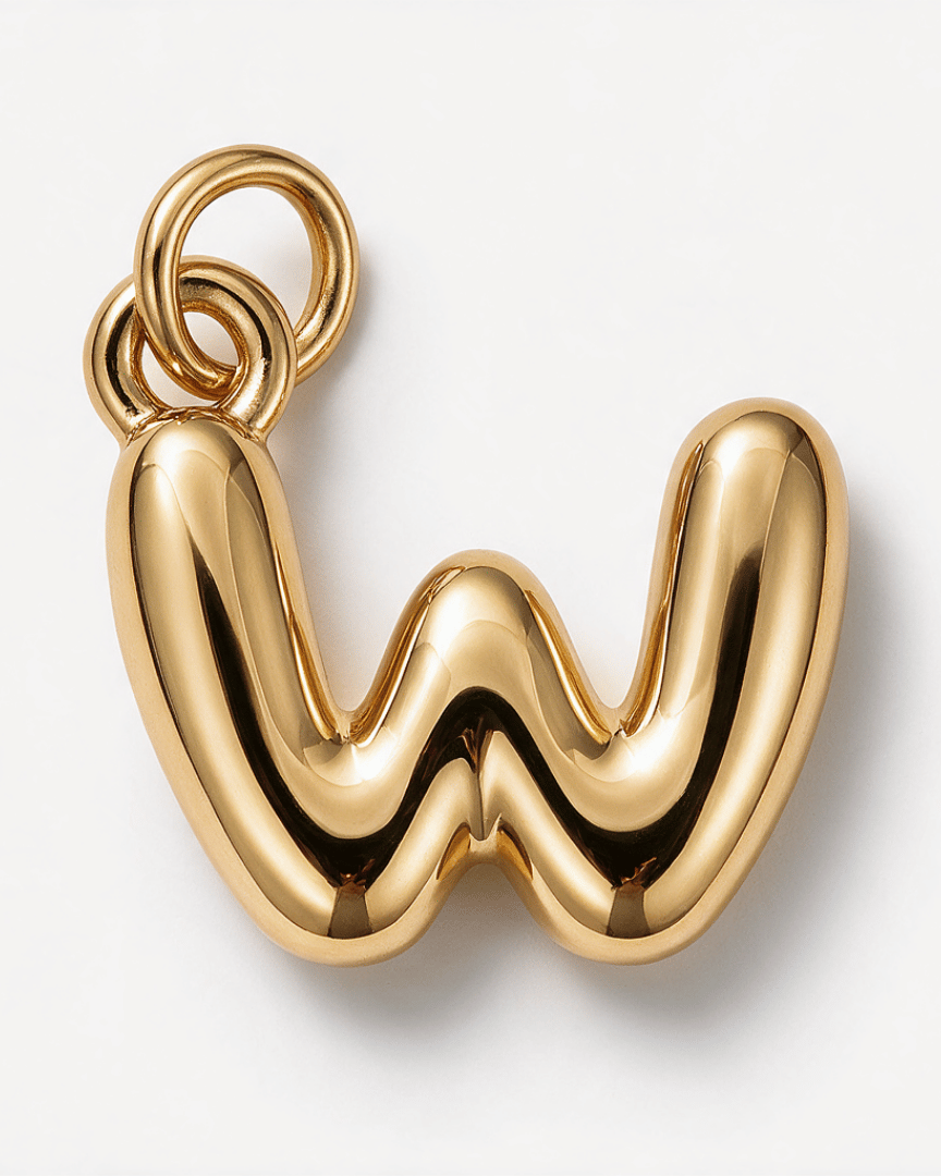 A polished gold pendant shaped like the lowercase letter 'w', featuring a smooth, wavy design and a hanging loop at the top, shown on a clean white background.