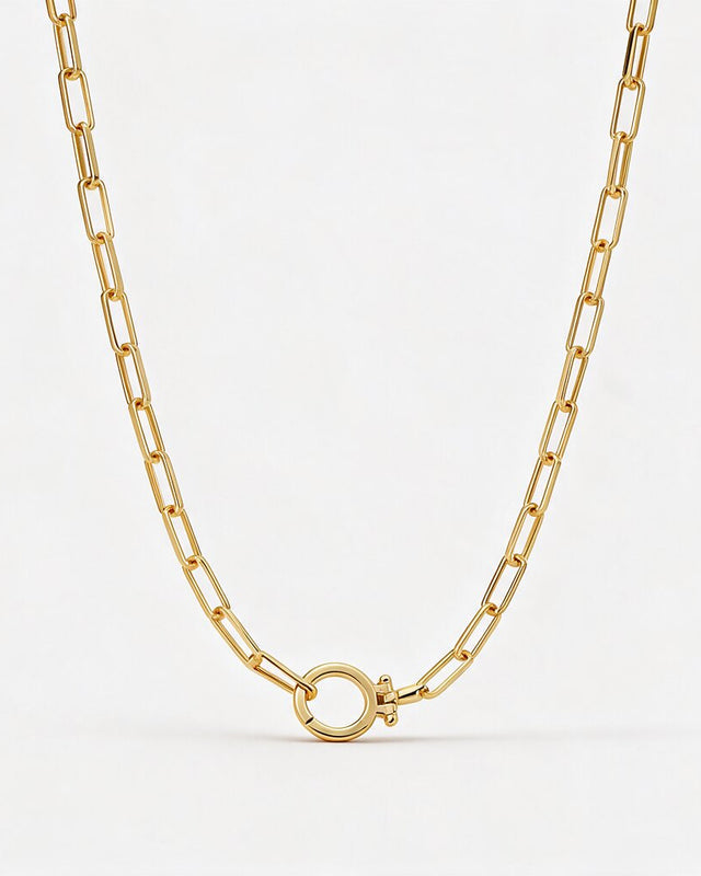 collection-image A gold paperclip chain necklace with a circular ring clasp, shown against a plain white background.