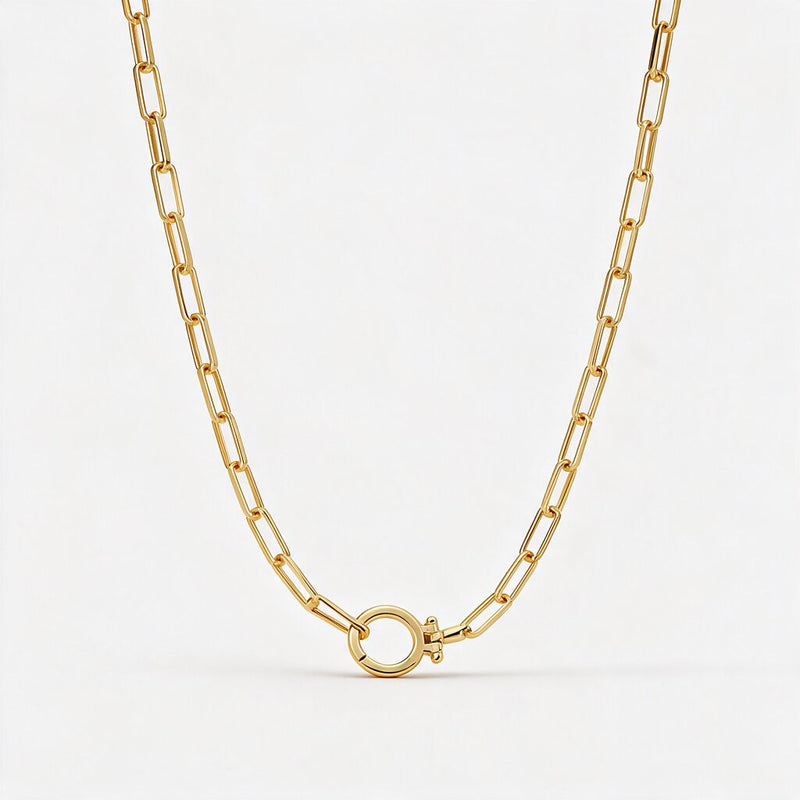 collection-image A gold paperclip chain necklace with a circular ring clasp, shown against a plain white background.