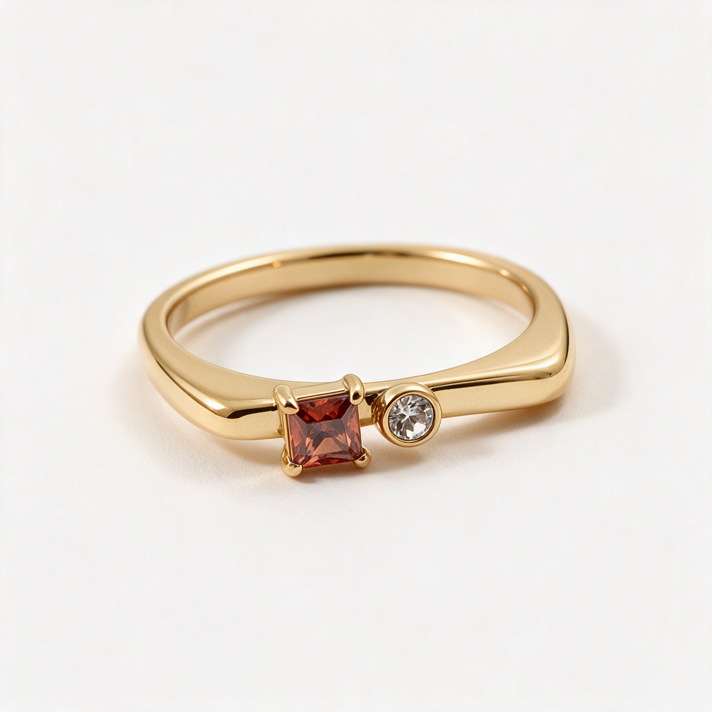 A gold band ring featuring a princess-cut red gemstone and a small round clear stone, photographed on a clean white background.