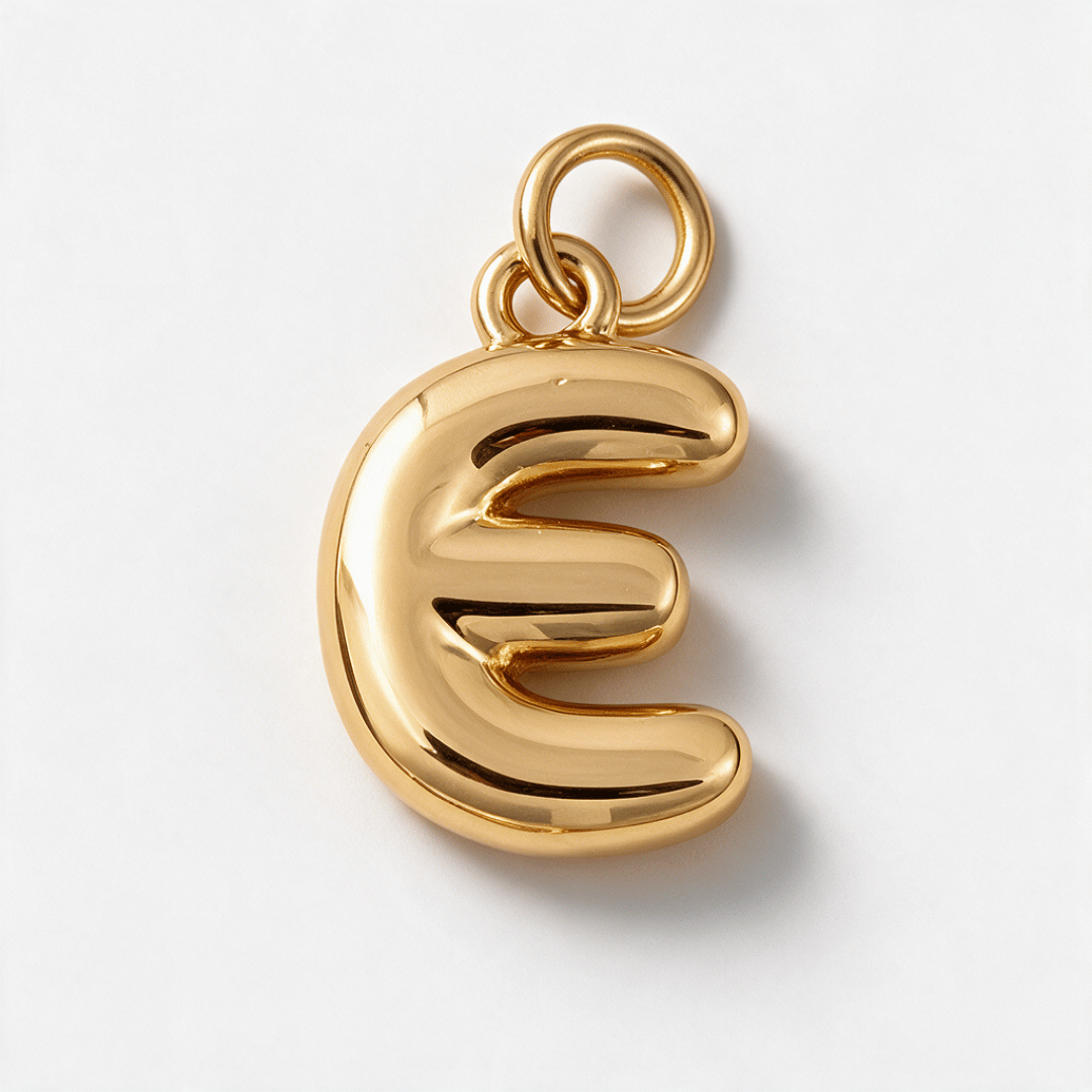 A polished gold pendant shaped like the Greek letter epsilon, featuring a smooth, reflective metallic finish and a top loop for attachment, shown on a clean white background.