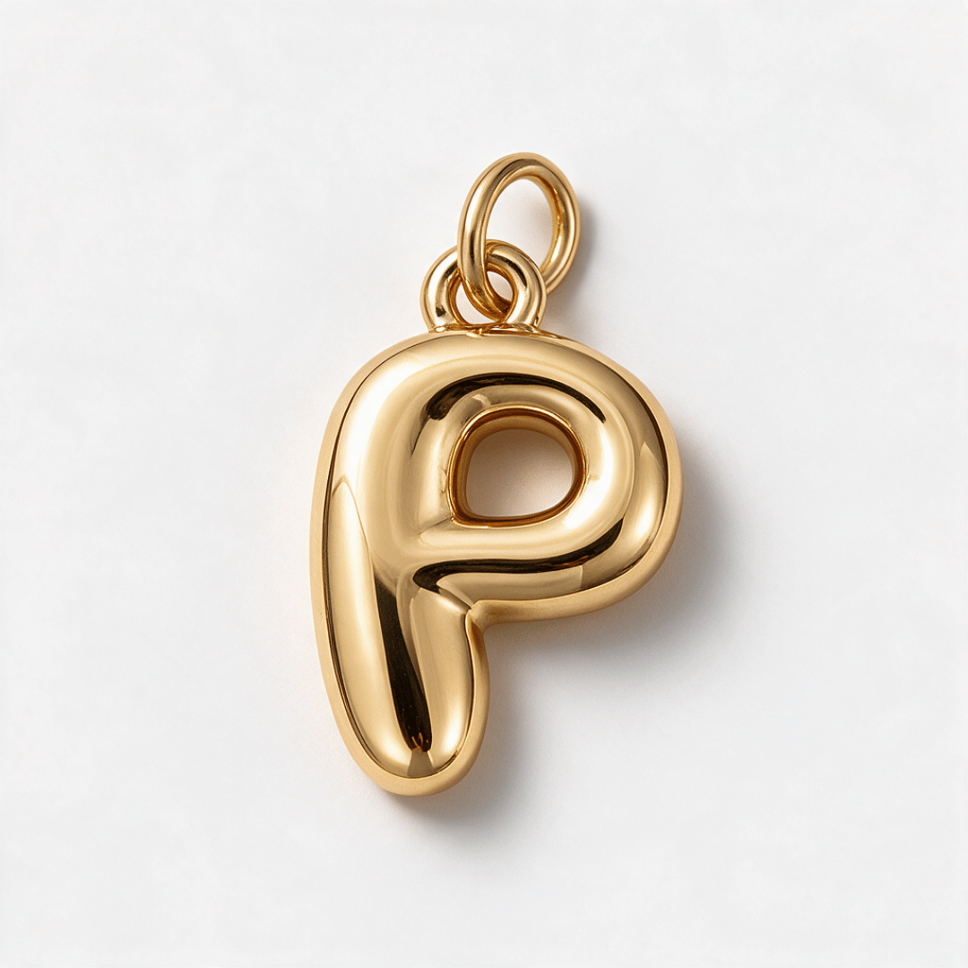 A polished gold letter 'P' pendant charm with a smooth, rounded, three-dimensional design and a top loop, shown on a clean white background.