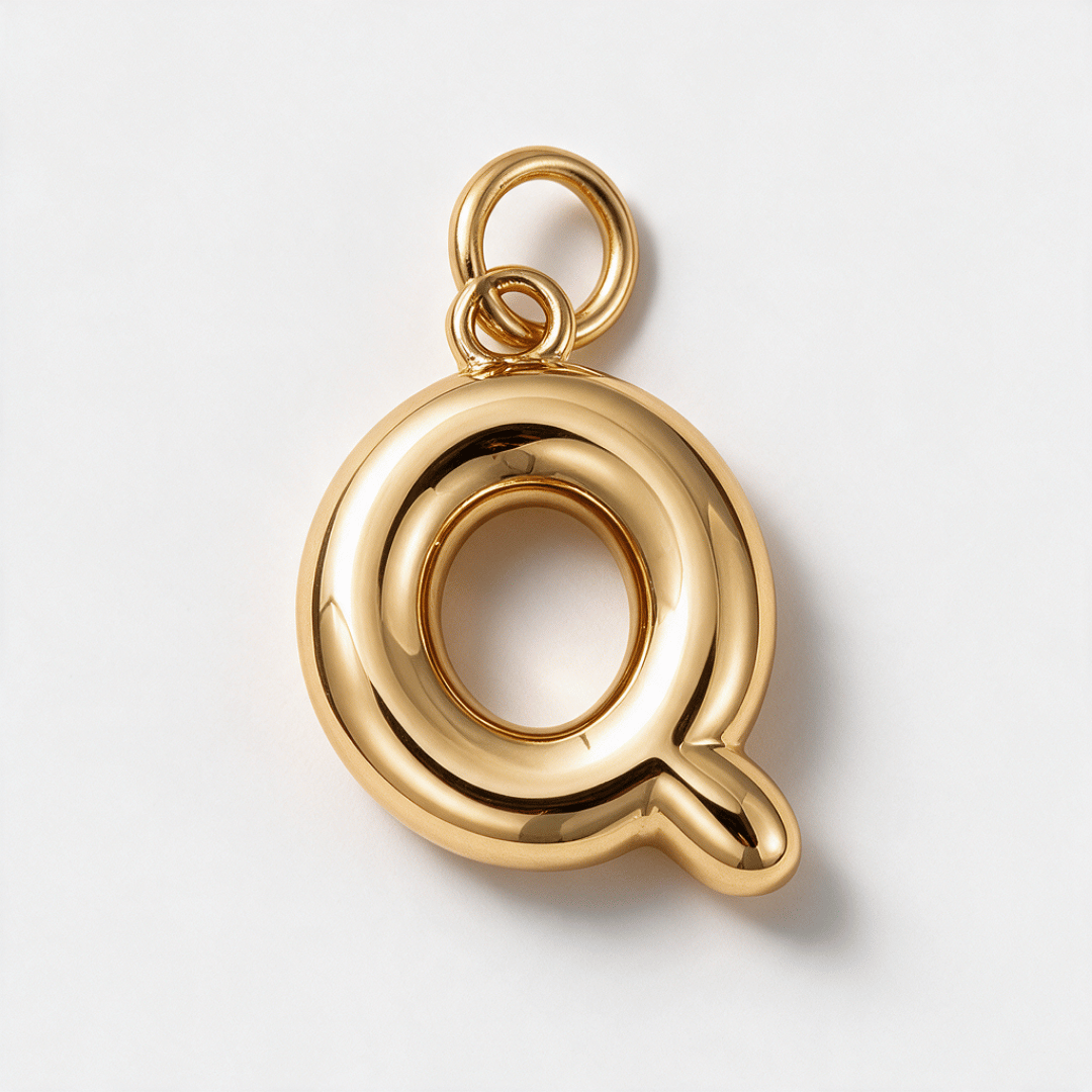 A polished gold letter 'Q' pendant charm with a hanging loop, shown on a clean white background.
