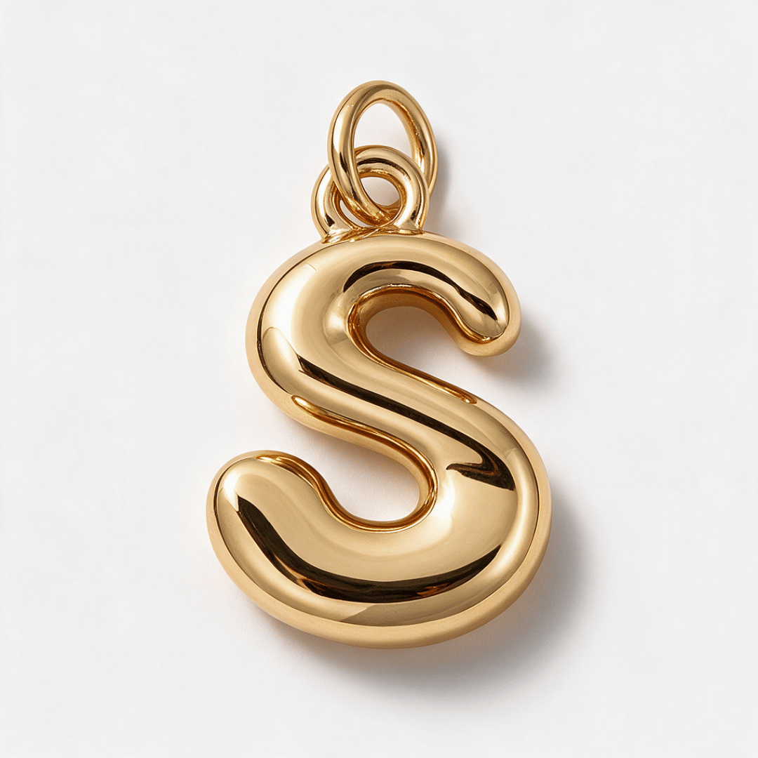 A polished gold letter 'S' pendant charm with a smooth, reflective finish and a top bail, shown on a clean white background.