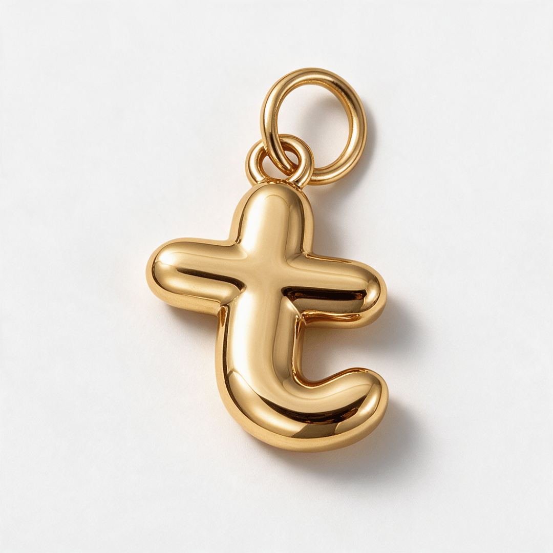A polished gold pendant shaped like the letter 't' with a small hanging loop at the top, photographed on a clean white background.