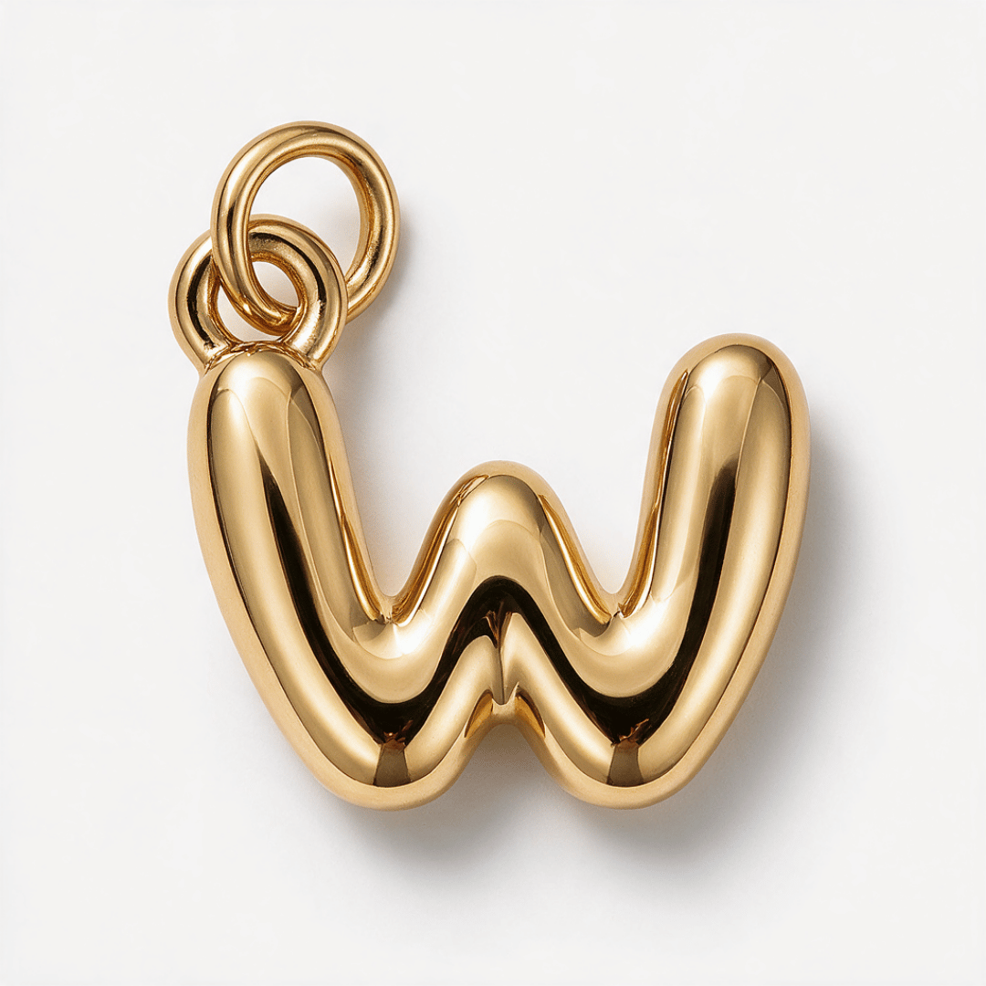 A polished gold pendant shaped like the lowercase letter 'w', featuring a smooth, wavy design and a hanging loop at the top, shown on a clean white background.