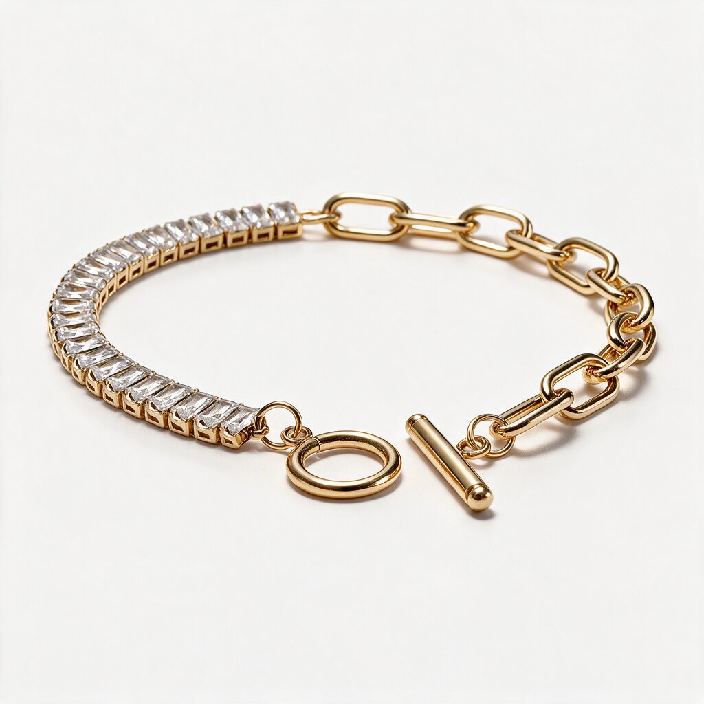 collection-image A gold-toned bracelet featuring a row of clear rectangular stones along one side, a curb chain link section, and a toggle clasp, photographed on a clean white background.