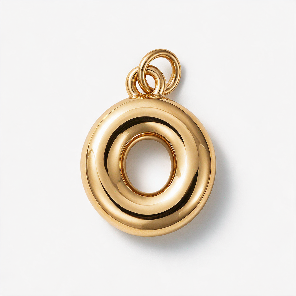 A polished gold pendant with a textured, layered donut-like circular design and a top loop, shown on a clean white background.